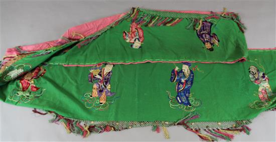 A Chinese green fabric banner panel, early 20th century, 54 x 380cm